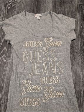GUESS Women's Gray Logo Tee with Rhinestone Accents